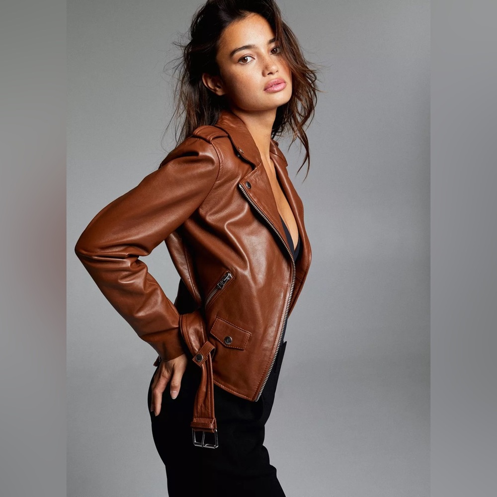Aritzia Wilfred Free The iconic Lennon Brown new Moto Biker Leather Jacket Sz S - Picture 6 of 17